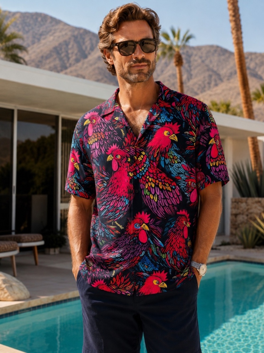 Hardaddy Men’s Rooster Print Camp Shirt Size XL Stretch Polyester